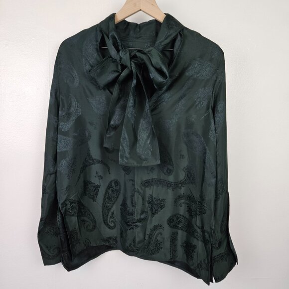 COS Jacquard Bow Back Silky‎ Blouse Sz 4 Dark Green Shirt Relaxed Long Sleeve - Picture 8 of 13